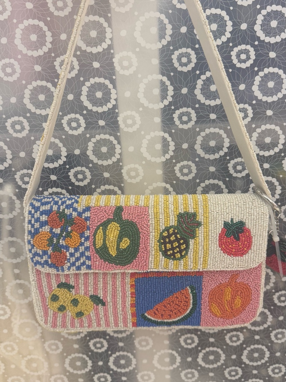 Beaded Fruit Patchwork Shoulder Bag - White/Multicolor
